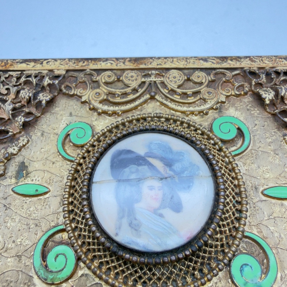 Vintage Empire Art Gold E & J B Filigree Jewelry Box Portrait Miniature Enamel - Picture 3 of 9